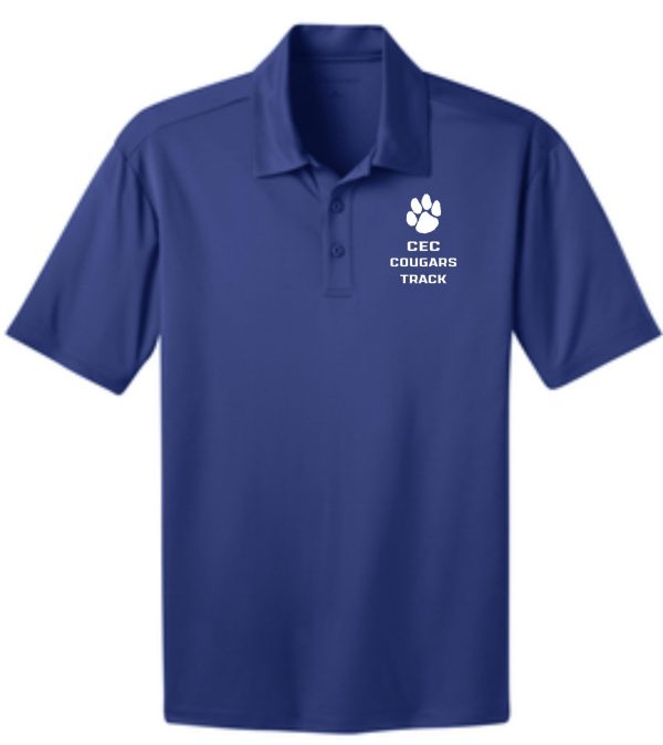 CEC Track Mens embroidered polo K540 featuring a white logo of a paw print and the text 'cec cougars track' on the left chest area.