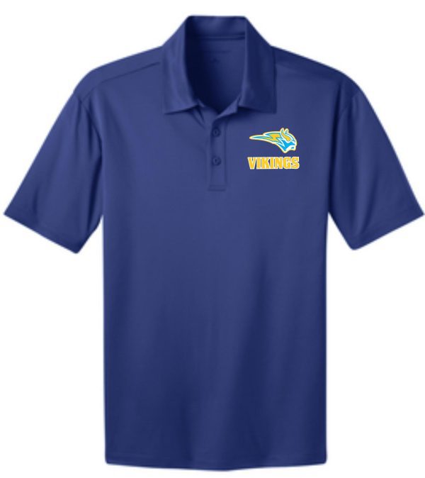 Blue polo shirt with Vikings logo.