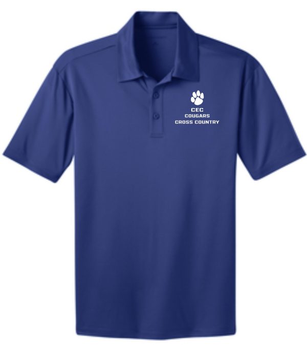 CEC Cross Country Mens embroidered polo K540 with a logo featuring a paw print and the text "cougars cross country" on the left chest area.