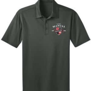 Dark green polo shirt with logo.