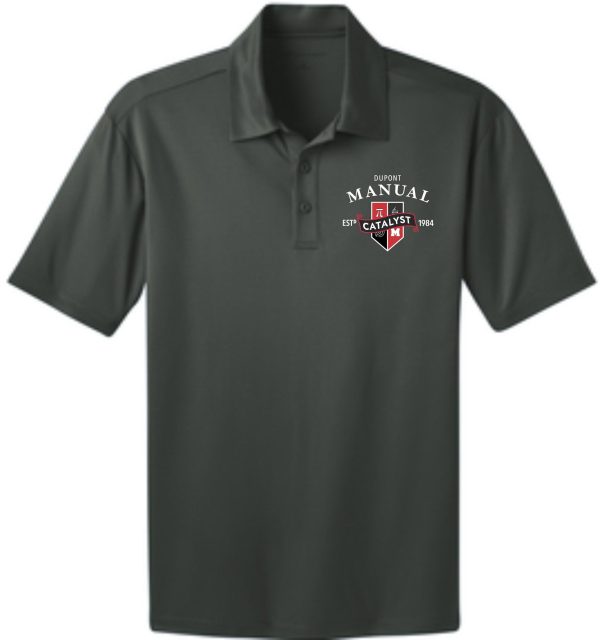 Dark green polo shirt with logo.