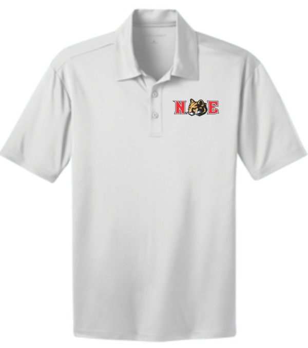 White polo shirt with N.E. logo.