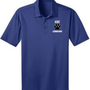 CEC Baseball Mens embroidered polo K540 with a logo on the left chest featuring the initials "cec" and the word "cougars" below, with a graphic of cougar paws.