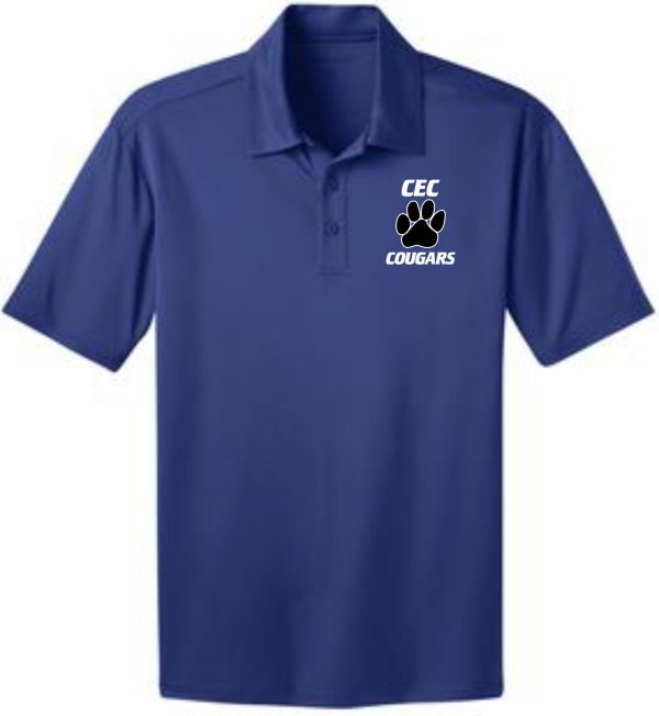 CEC Baseball Mens embroidered polo K540 with a logo on the left chest featuring the initials "cec" and the word "cougars" below, with a graphic of cougar paws.