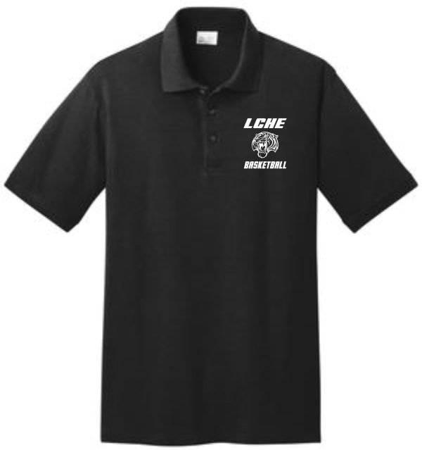 LCHE Tigers Mens 50/50 polo KP155 with a logo on the left chest that reads "lche basketball" encircling a basketball graphic.