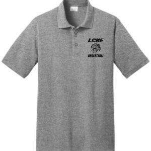 Gray LCHE Tigers Mens 50/50 polo KP155 with a lion graphic embroidered on the left chest area.