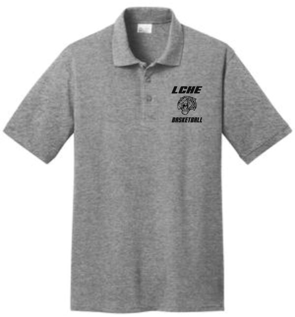 Gray LCHE Tigers Mens 50/50 polo KP155 with a lion graphic embroidered on the left chest area.