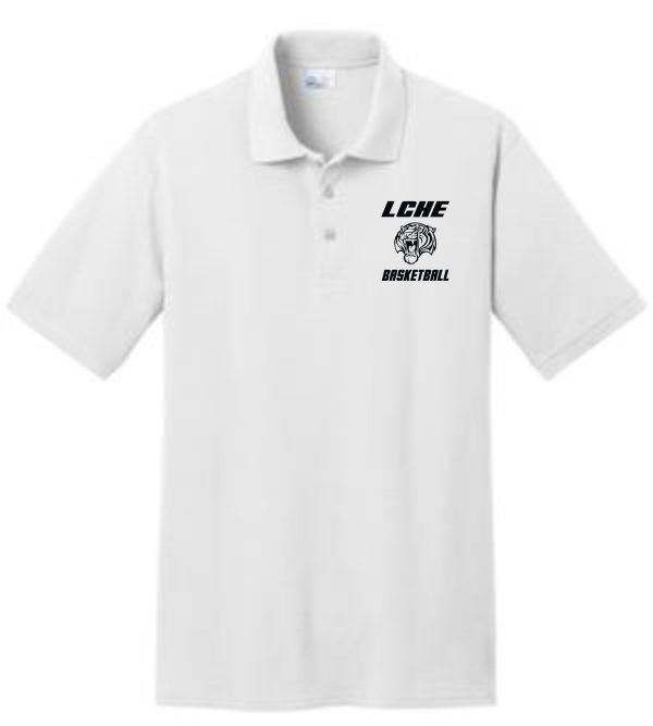 White LCHE Tigers Mens 50/50 polo KP155 with a "lcne basketball" logo and a stylized basketball design on the upper left side.