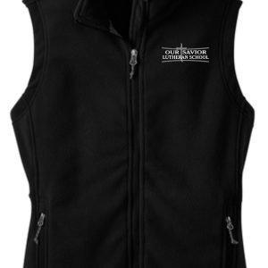 OSLS Black Womens Cut Fleece full zip Embroidered Vest L219 with a zippered front and pockets, featuring the embroidered logo "our savior lutheran school" on the left chest.