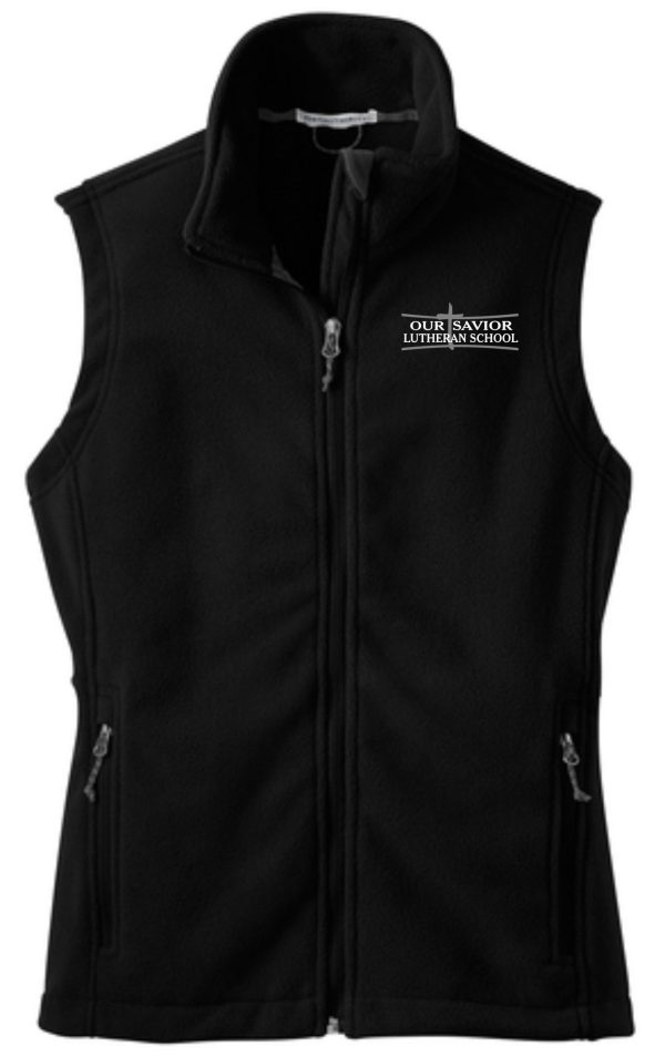 OSLS Black Womens Cut Fleece full zip Embroidered Vest L219 with a zippered front and pockets, featuring the embroidered logo "our savior lutheran school" on the left chest.