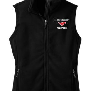 St Margaret Mary Black Volleyball spirit Ladies Fleece Vest L219 with "st. margaret mary mustangs" logo on the left chest, featuring a red and white mustang icon.