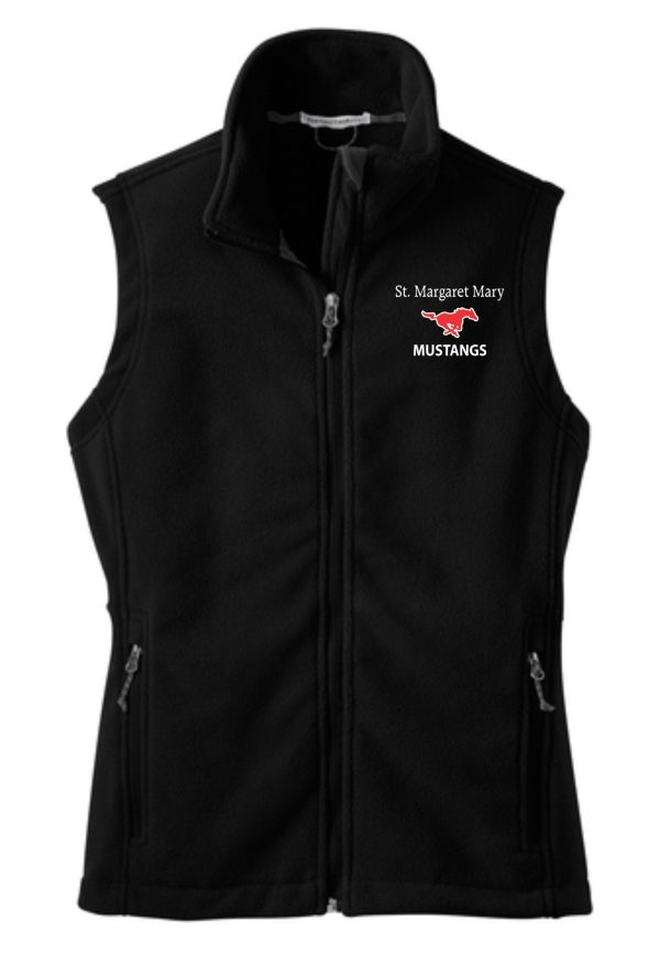 St Margaret Mary Black Volleyball spirit Ladies Fleece Vest L219 with "st. margaret mary mustangs" logo on the left chest, featuring a red and white mustang icon.