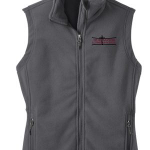 OSLS Charcoal Womens Cut Fleece full zip Embroidered Vest  L219 with zipped pockets and embroidered logo "our savior lutheran school" on the left chest area, displayed on a white background.