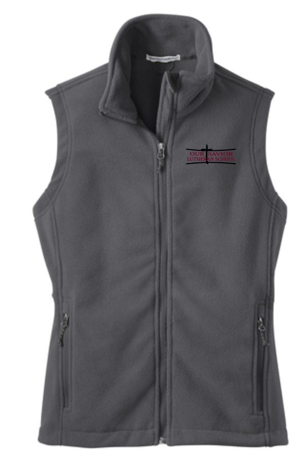 OSLS Charcoal Womens Cut Fleece full zip Embroidered Vest  L219 with zipped pockets and embroidered logo "our savior lutheran school" on the left chest area, displayed on a white background.