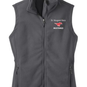 Gray fleece vest with a zipped front featuring the logo "St Margaret Mary Gray Volleyball spirit" with a horse graphic on the left chest area.