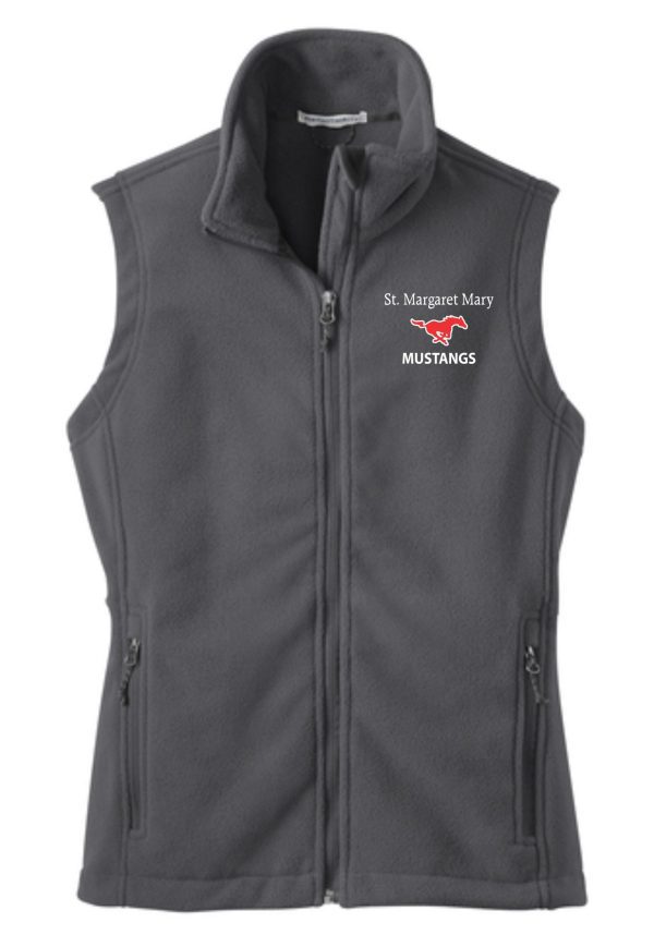 Gray fleece vest with a zipped front featuring the logo "St Margaret Mary Gray Volleyball spirit" with a horse graphic on the left chest area.