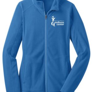 Blue women's zip-up fleece jacket with logo.