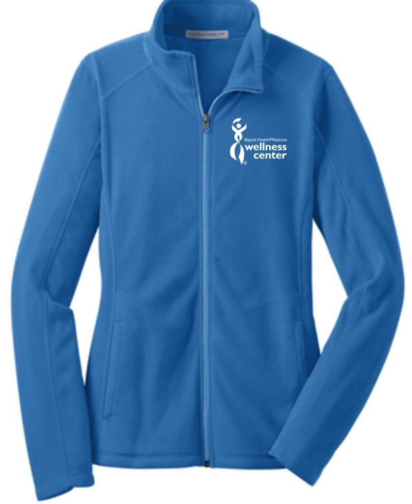 Blue women's zip-up fleece jacket with logo.