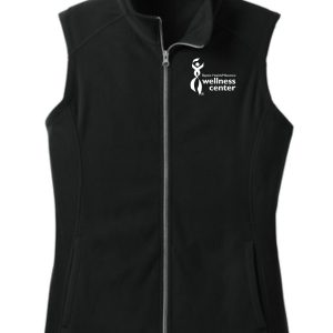 Black fleece vest with wellness center logo.