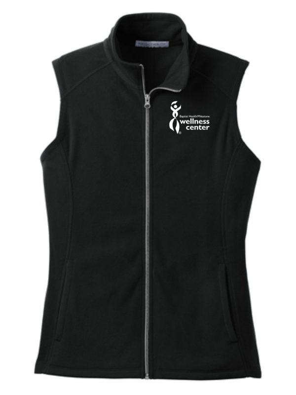 Black fleece vest with wellness center logo.