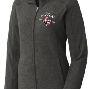 Gray zip-up jacket with a logo.