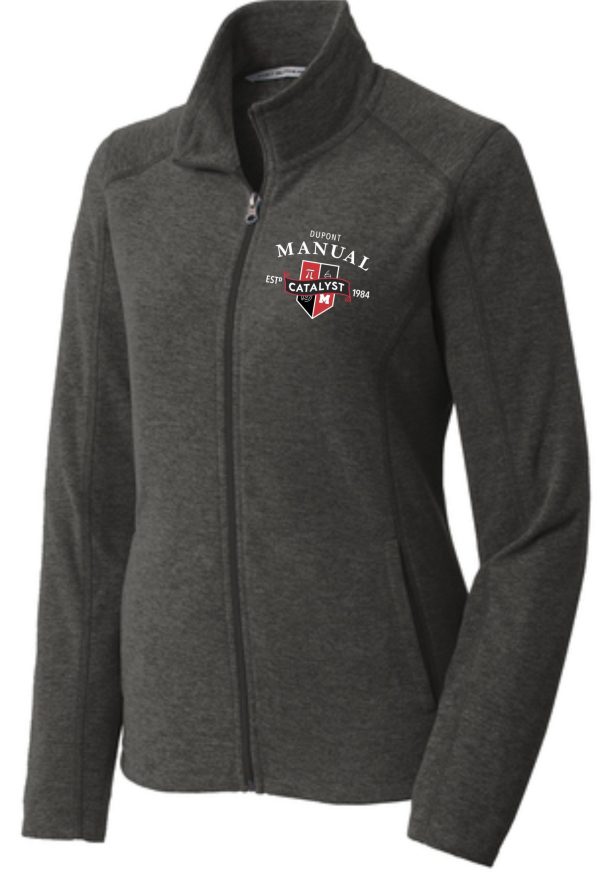 Gray zip-up jacket with a logo.