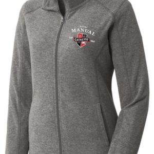 Gray women's zip-up jacket with logo.