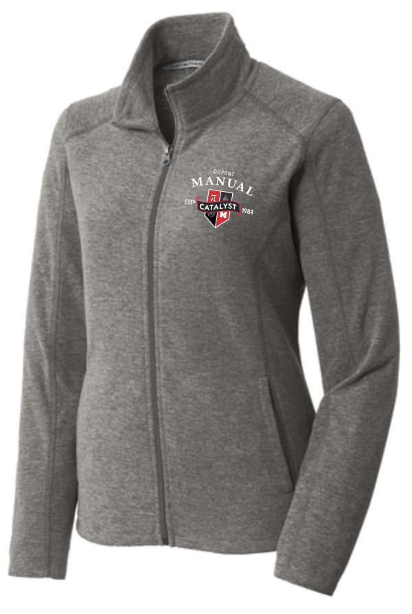 Gray women's zip-up jacket with logo.