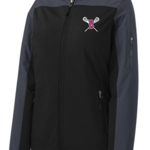 Ballard LAX LADIES Hooded soft shell Jacket L335 with a zipper and a logo featuring a letter 'b' crossed by baseball bats on the left chest area.