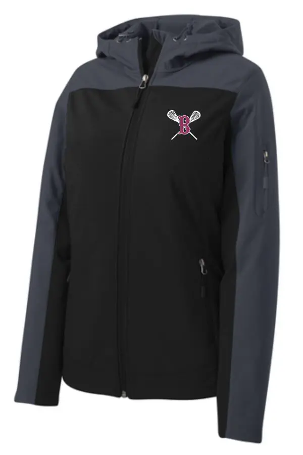 Ballard LAX LADIES Hooded soft shell Jacket L335 with a zipper and a logo featuring a letter 'b' crossed by baseball bats on the left chest area.