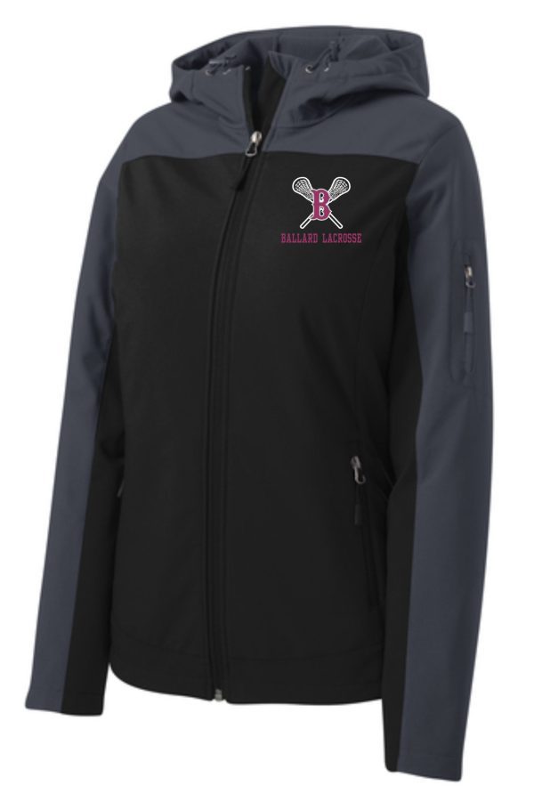 Ballard Lacrosse LADIES Hooded soft shell Jacket L335 with a zipper, featuring the "ballard lacrosse" logo on the left chest area.