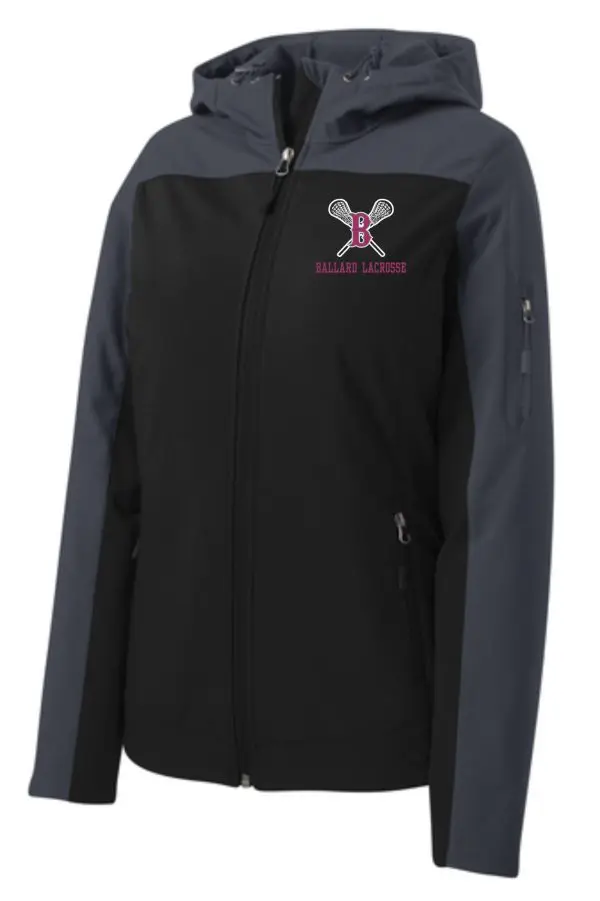 Black zip-up hoodie with a hood, featuring the "Ballard Lacrosse LADIES Hooded soft shell Jacket L335" logo on the left chest area.