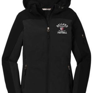 Black zip-up hoodie with a hood, labeled "Ballard Football LADIES Hooded soft shell Jacket L335" on the chest, featuring side pockets and adjustable drawstrings.