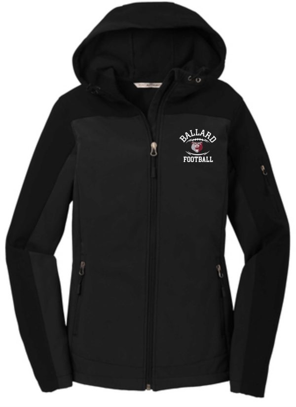 Black zip-up hoodie with a hood, labeled "Ballard Football LADIES Hooded soft shell Jacket L335" on the chest, featuring side pockets and adjustable drawstrings.