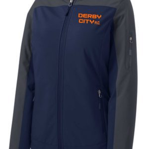 A navy blue Derby City AC LADIES Hooded soft shell Jacket L335 with the "derby city a.c." logo on the left chest, featuring a zip front and side pockets.