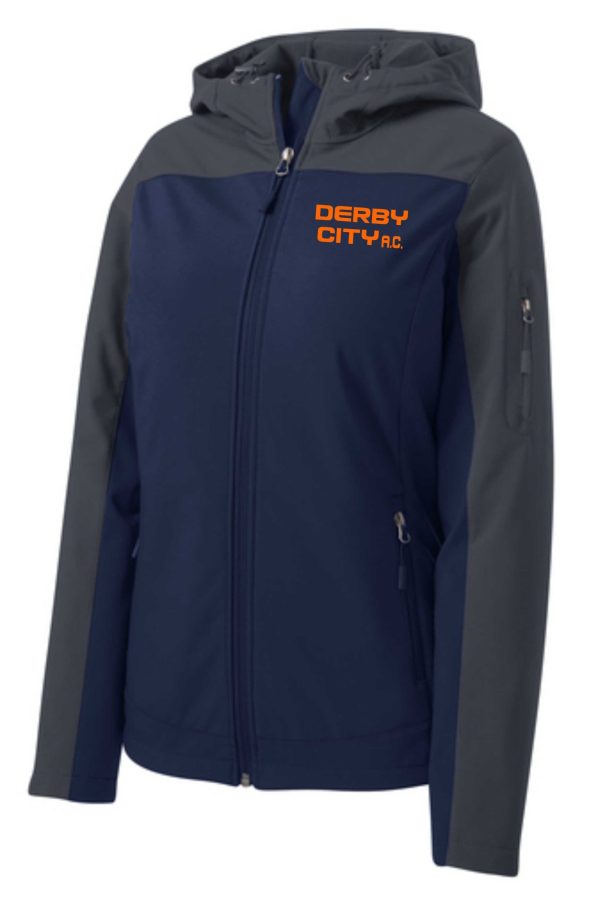 A navy blue Derby City AC LADIES Hooded soft shell Jacket L335 with the "derby city a.c." logo on the left chest, featuring a zip front and side pockets.