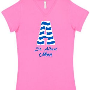 Pink shirt with blue chevron letter A, St. Albert Mom