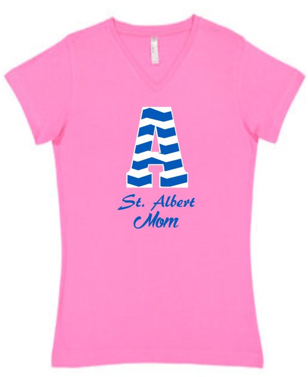 Pink shirt with blue chevron letter A, St. Albert Mom