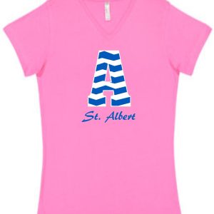 Pink T-shirt with blue and white letter A.