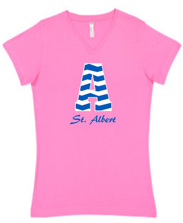 Pink T-shirt with blue and white letter A.