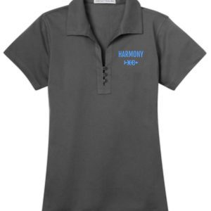 Harmony XC Womens Gray Smoke polo L527 with a collar and a three-button placket, featuring the embroidered logo "harmony xc" in blue on the left chest area.