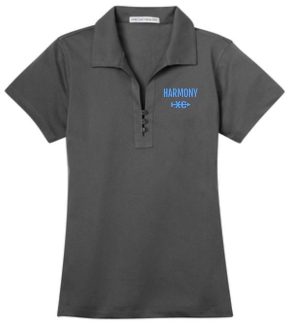 Harmony XC Womens Gray Smoke polo L527 with a collar and a three-button placket, featuring the embroidered logo "harmony xc" in blue on the left chest area.