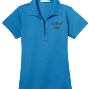 Harmony XC Womens Vivid Blue polo L527 with a collar and a few buttons, featuring the embroidered word "harmony" above a small logo on the left chest area.