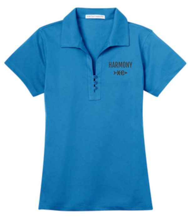 Harmony XC Womens Vivid Blue polo L527 with a collar and a few buttons, featuring the embroidered word "harmony" above a small logo on the left chest area.