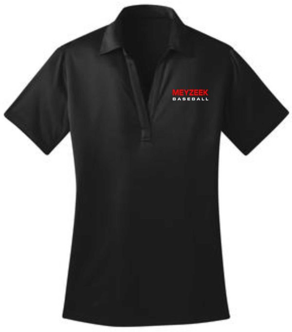 Meyzeek Baseball Ladies Black Moisture wicking polo L540 with a collar and short sleeves, featuring the embroidered text "meyzek baseball" on the left chest area.