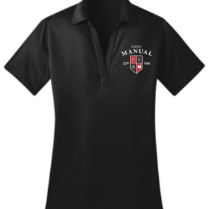 Black polo shirt with Dupont Manual logo.