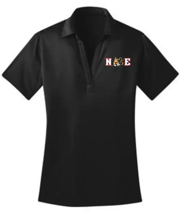 Black women's polo shirt with NDE logo.