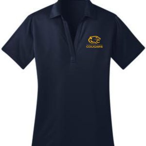 St Francis WOMENS Navy Moisture wicking polo L540 with a collar and a three-button placket, featuring an embroidered logo of a cougar and the word "cougars" on the left chest.