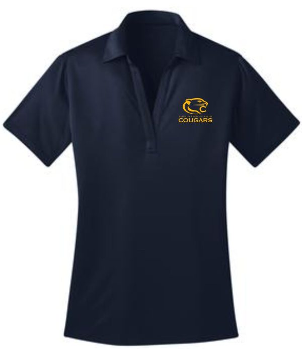 St Francis WOMENS Navy Moisture wicking polo L540 with a collar and a three-button placket, featuring an embroidered logo of a cougar and the word "cougars" on the left chest.