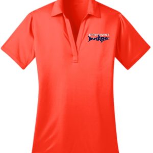 Bright orange Springhurst Sharks Ladies Moisture wicking polo L540 with a collar and a small logo on the left chest that reads "springhurst sharks.